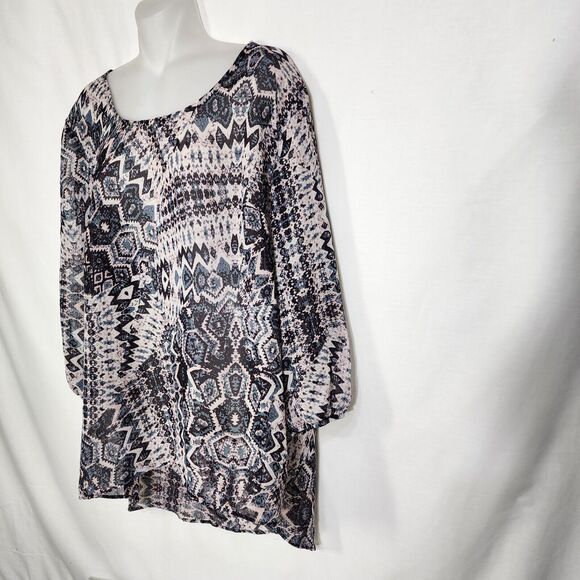 Maurice's Womens Tunic Top Size XL Criss Cross Back Sheer Geometric Hi low Hem - Picture 5 of 10